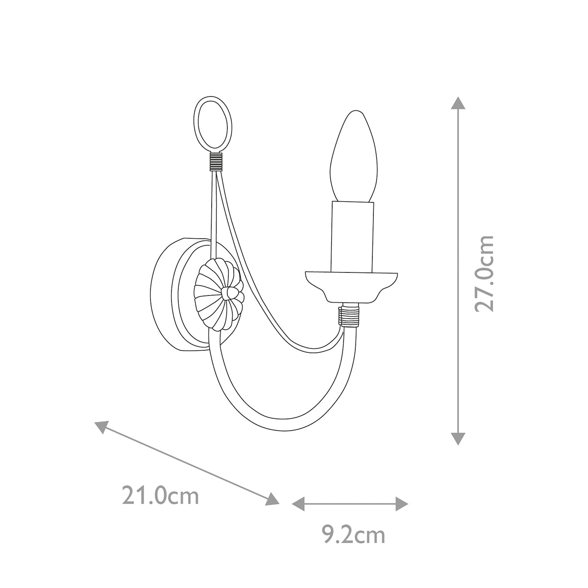 Schéma coté de l'applique avec hauteur 27 cm, saillie 21 cm et base 9,2 cm.