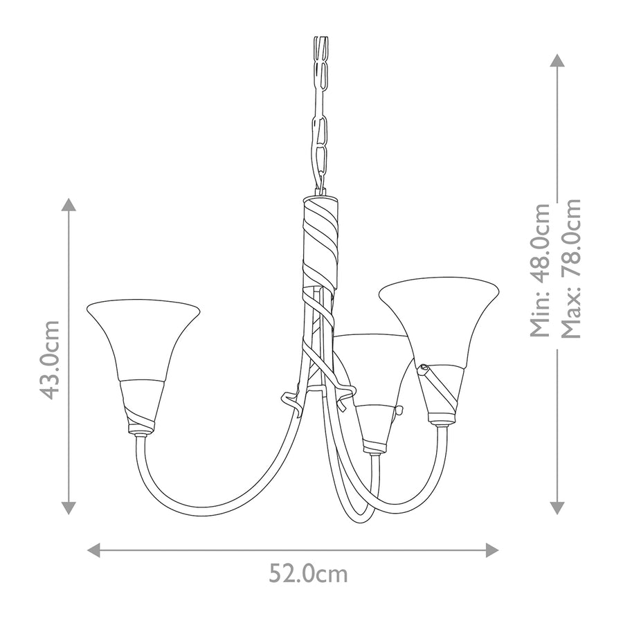 Schéma technique coté du lustre indiquant hauteur réglable et largeur totale en centimètres