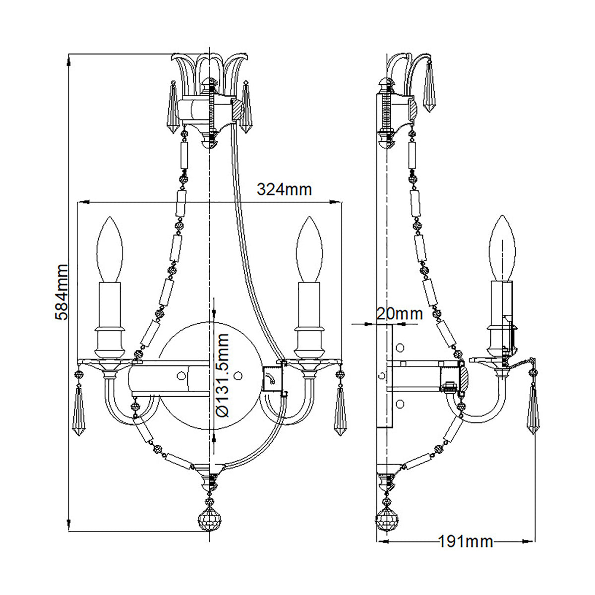 Schéma de dimensions : 584 mm de haut, 324 mm de large et 191 mm de profondeur.