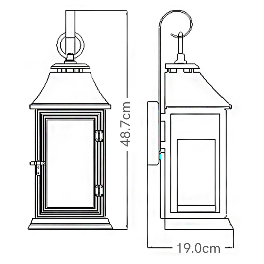 Schéma coté de l'applique : hauteur 48,7 cm et profondeur 19 cm.