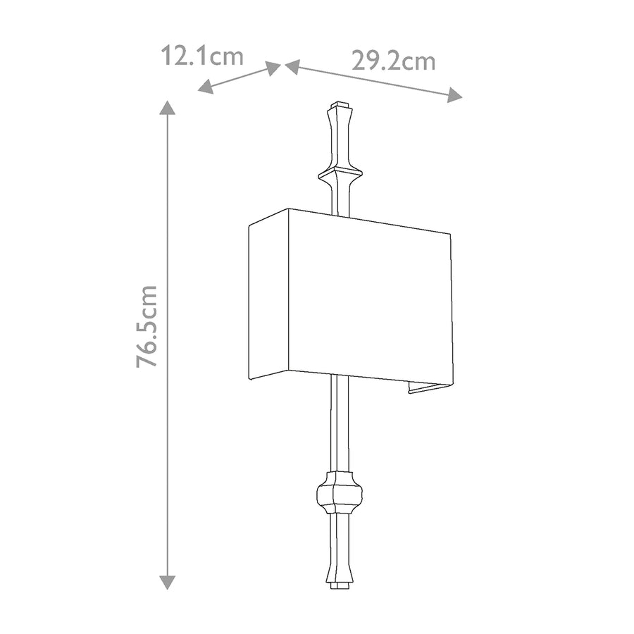 Schéma technique coté : hauteur 76,5 cm, largeur 29,2 cm, profondeur 12,1 cm