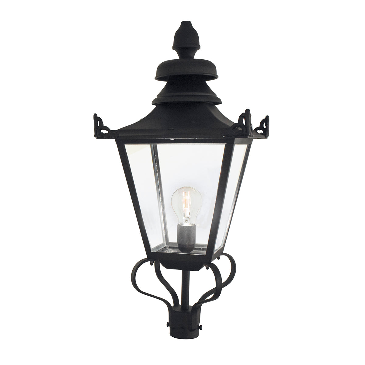 Vue de face du luminaire à poser sur poteau, verre clair et ampoule allumée