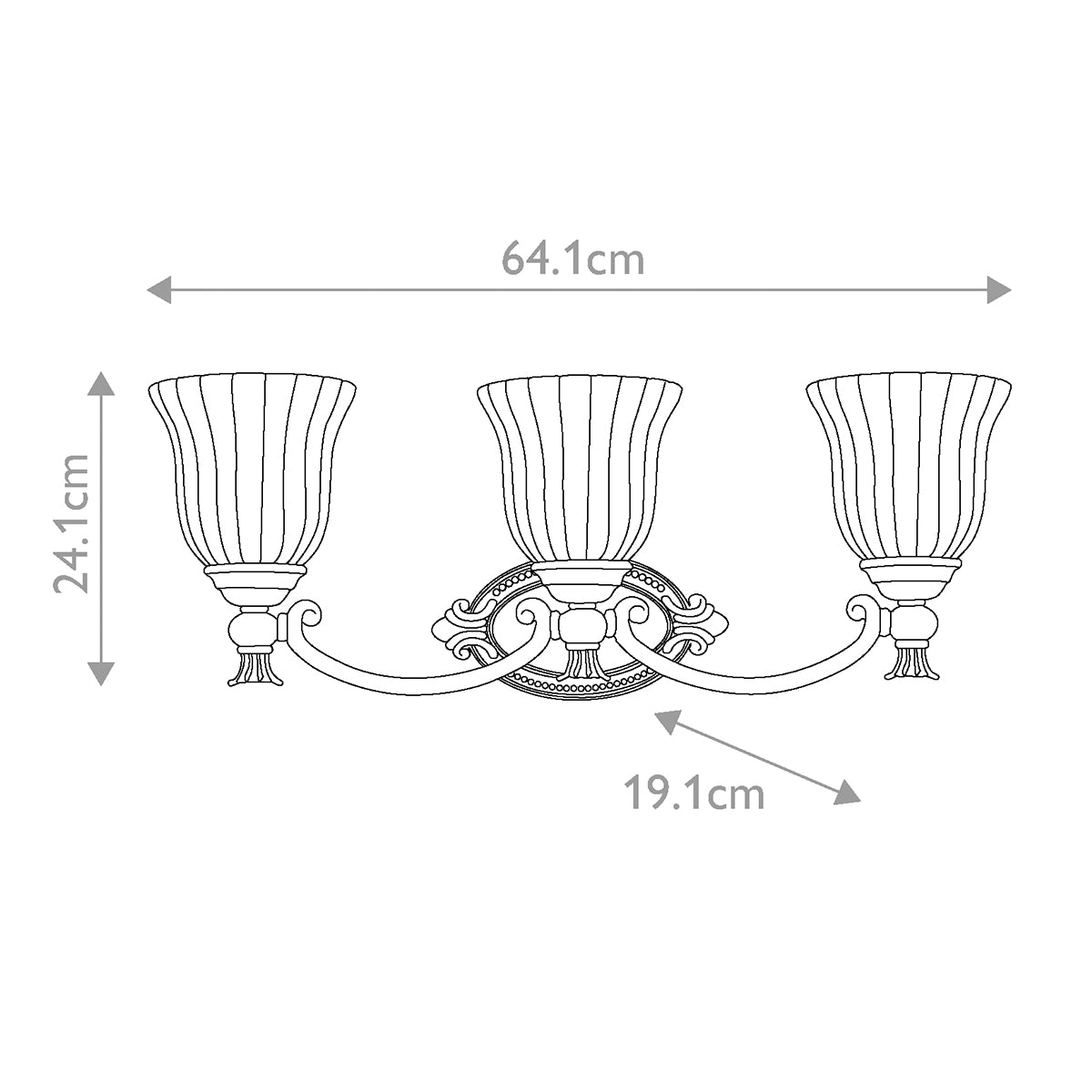 Schéma technique coté : largeur 64,1 cm, hauteur 24,1 cm et saillie 19,1 cm.