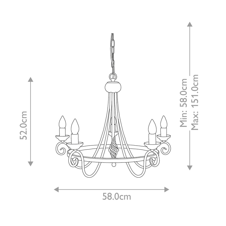 Schéma coté du lustre : diamètre 58 cm et hauteur réglable de 58 à 151 cm