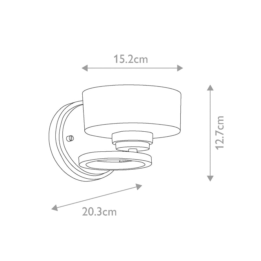 Schéma coté du luminaire : largeur 15,2 cm, hauteur 12,7 cm, profondeur 20,3 cm.