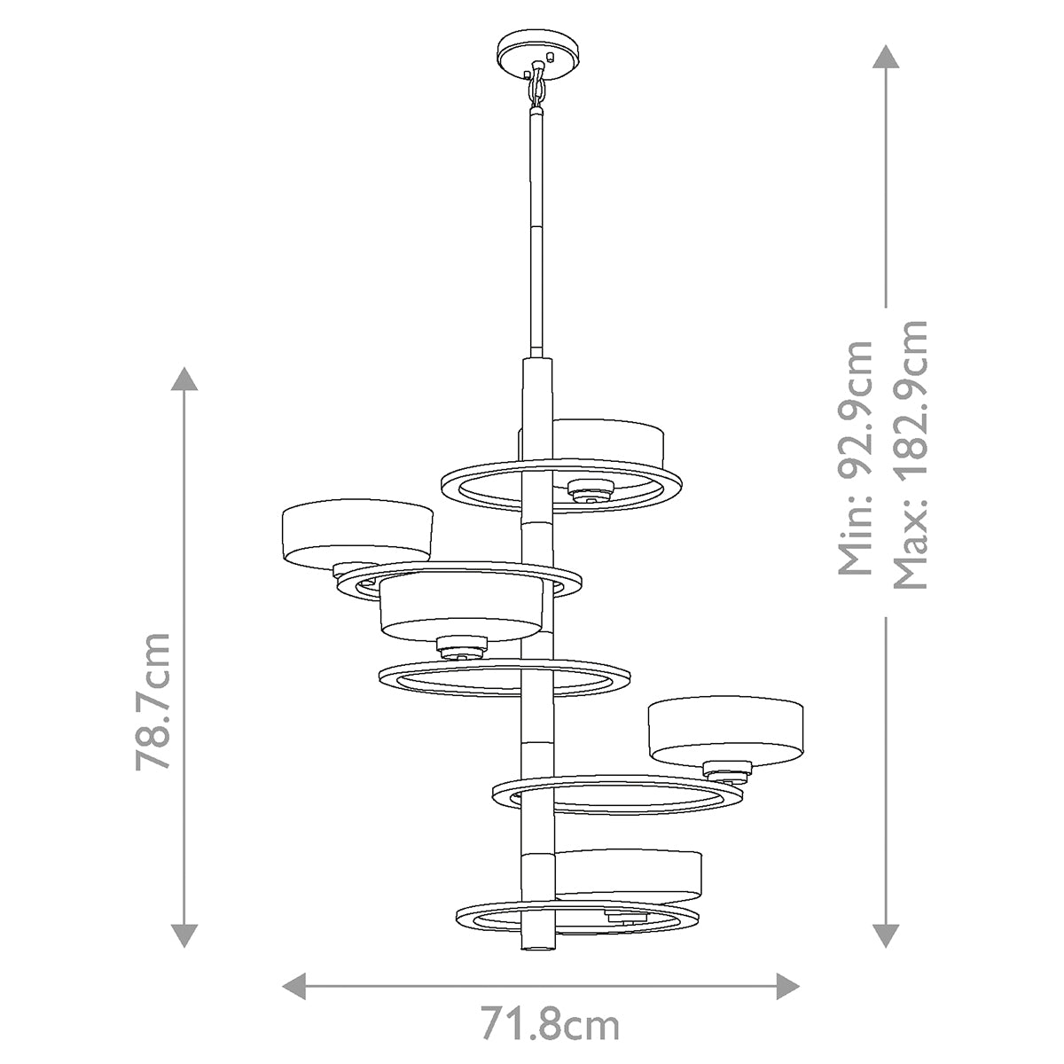Schéma coté indiquant hauteur réglable de 92,9 à 182,9 cm et largeur 71,8 cm