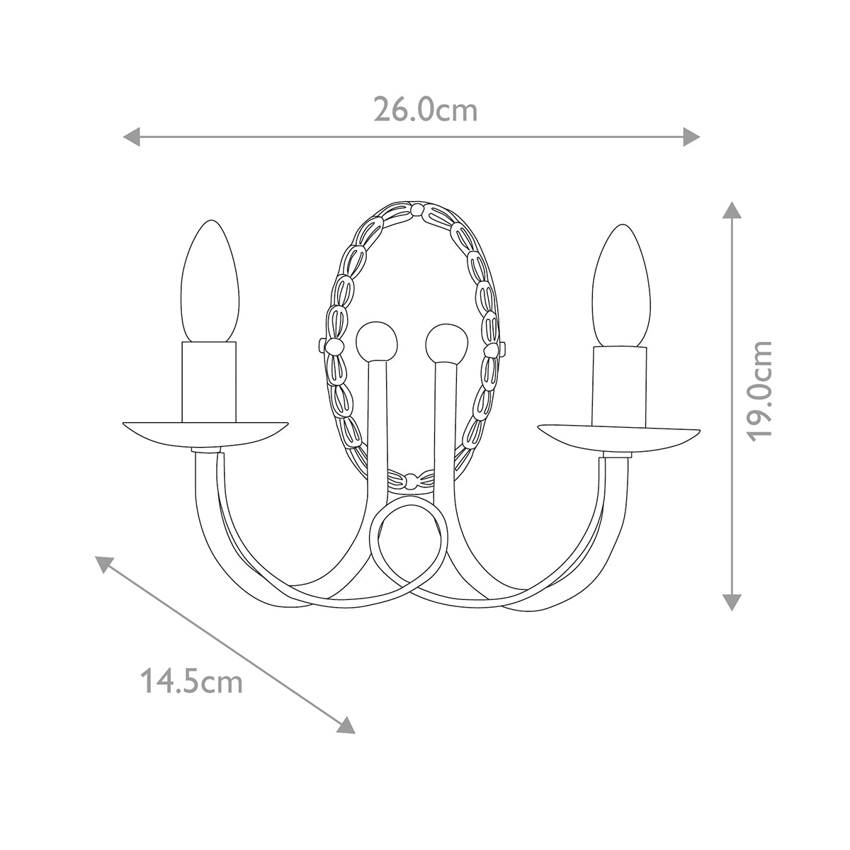 Schéma coté de l'applique avec largeur, hauteur et profondeur indiquées en centimètres.