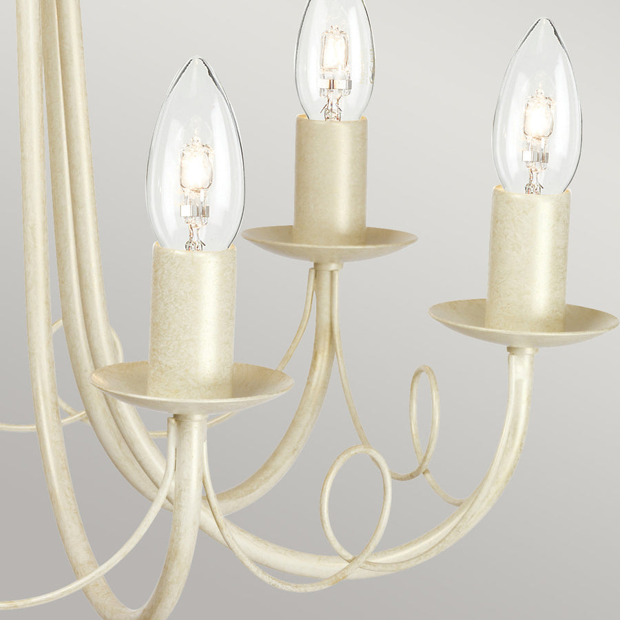 Détail des douilles crème et ampoules flammes, avec volutes en fil de fer