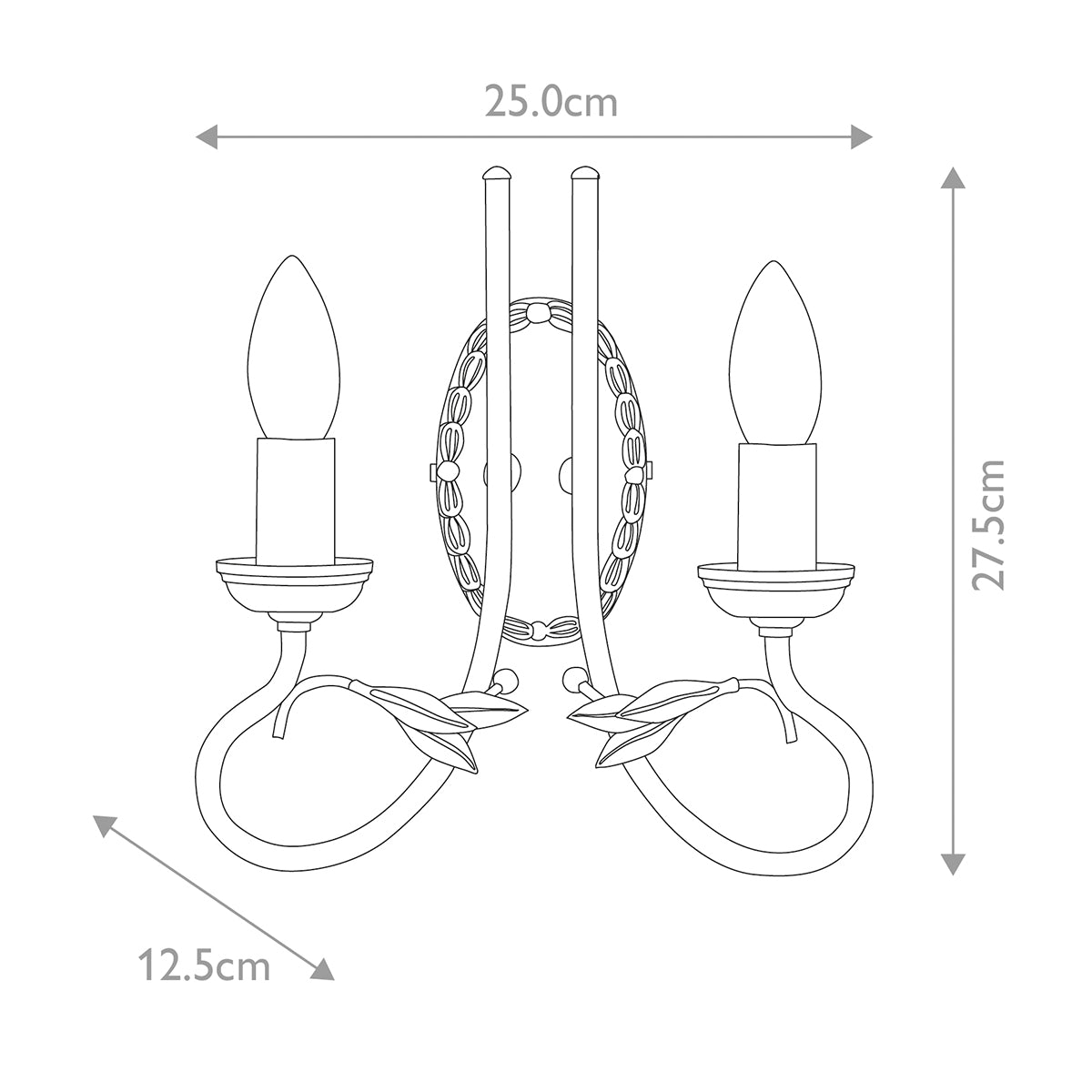 Schéma coté de l'applique, largeur 25 cm et hauteur 27,5 cm.