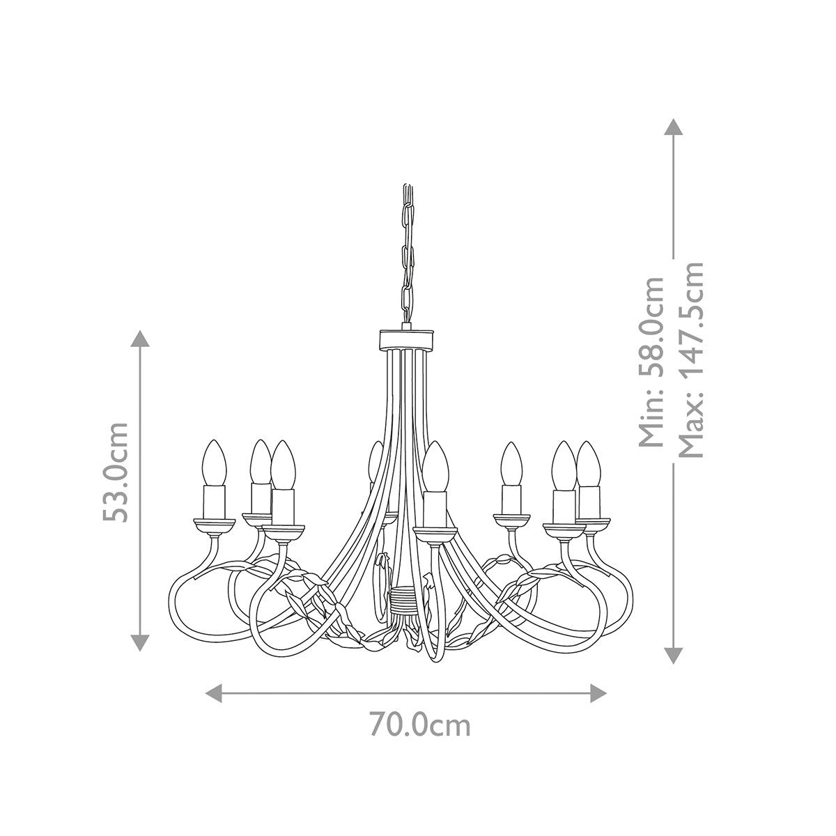 Schéma coté du lustre avec dimensions 70 cm, 53 cm et hauteur réglable