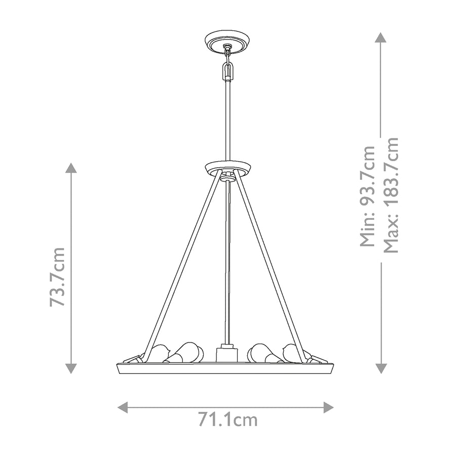 Schéma coté du lustre indiquant hauteur minimale, maximale et largeur