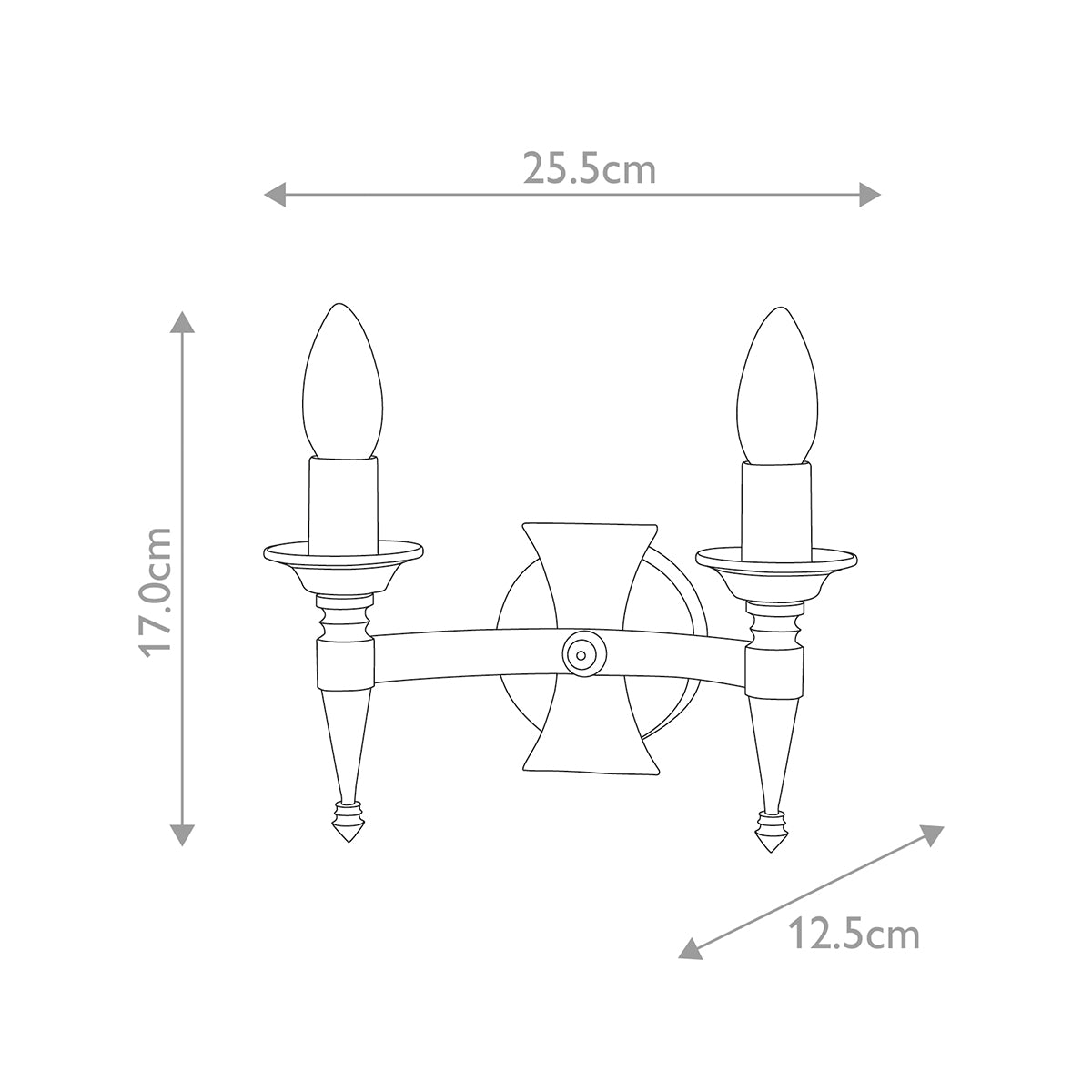 Schéma coté de l'applique : largeur 25,5 cm, hauteur 17 cm, profondeur 12,5 cm