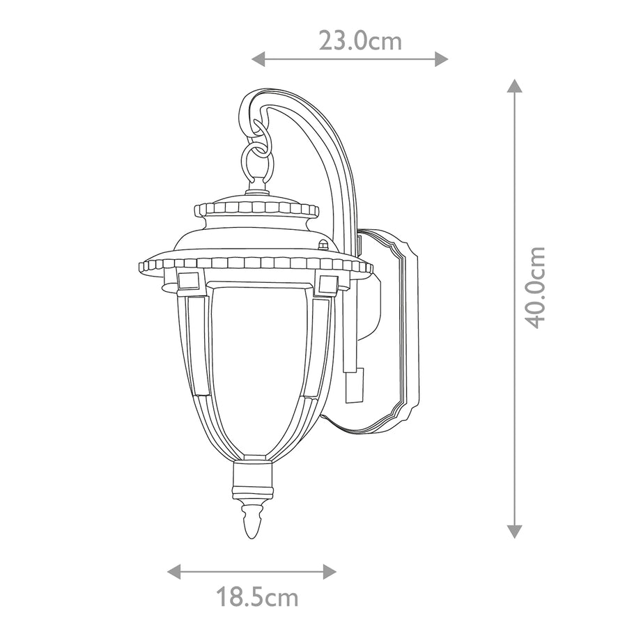 Schéma coté montrant 40 cm de hauteur, 23 cm de saillie et 18,5 cm de largeur