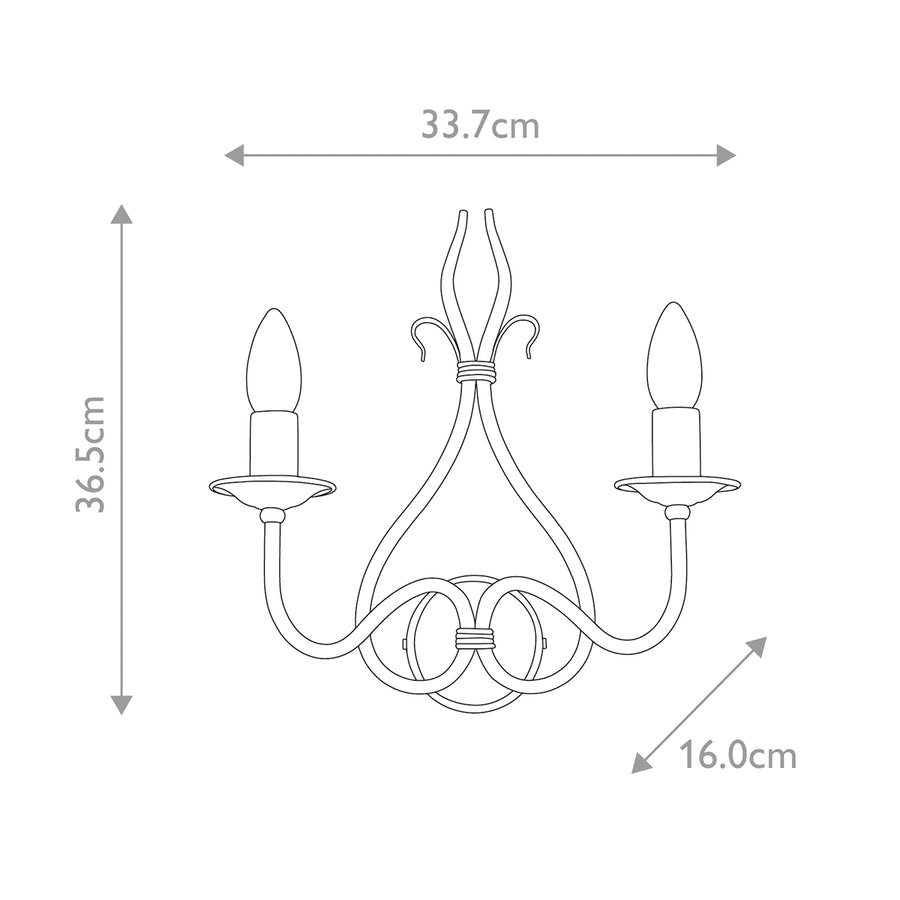 Schéma coté de l'applique : largeur 33,7 cm, hauteur 36,5 cm, profondeur 16 cm.