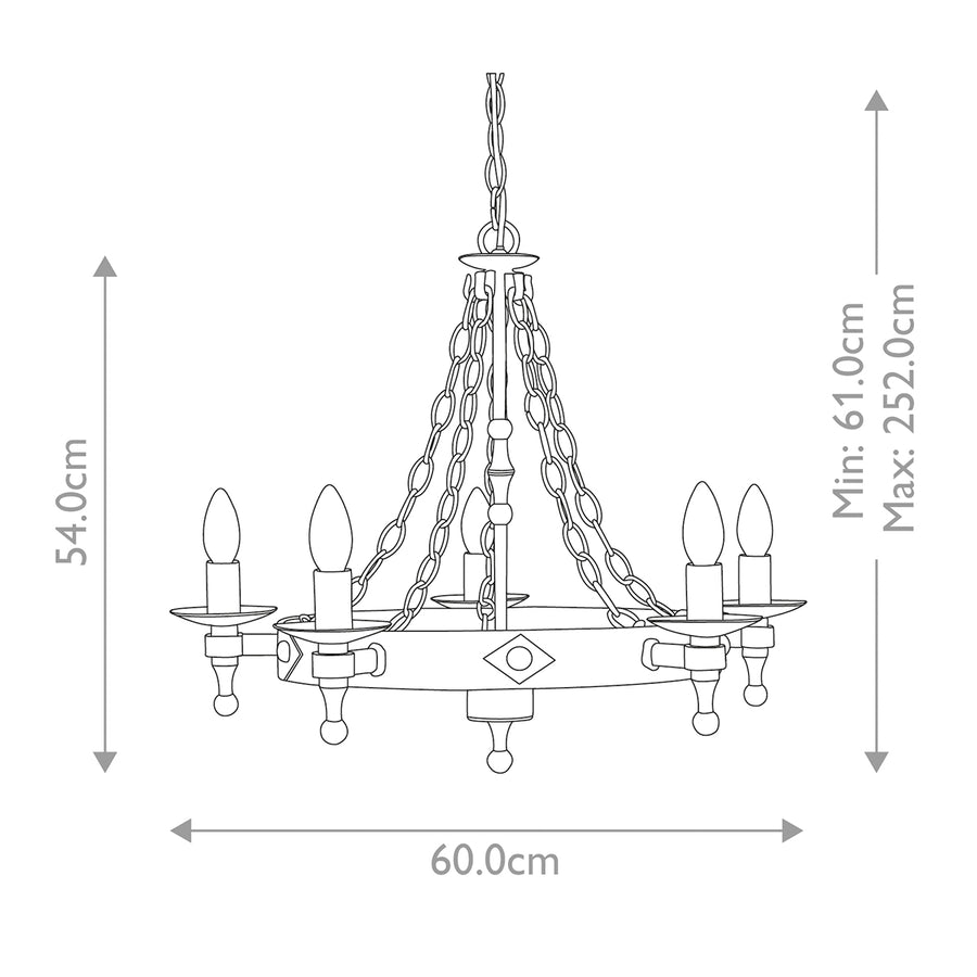 Schéma technique coté du lustre avec hauteur réglable et diamètre.