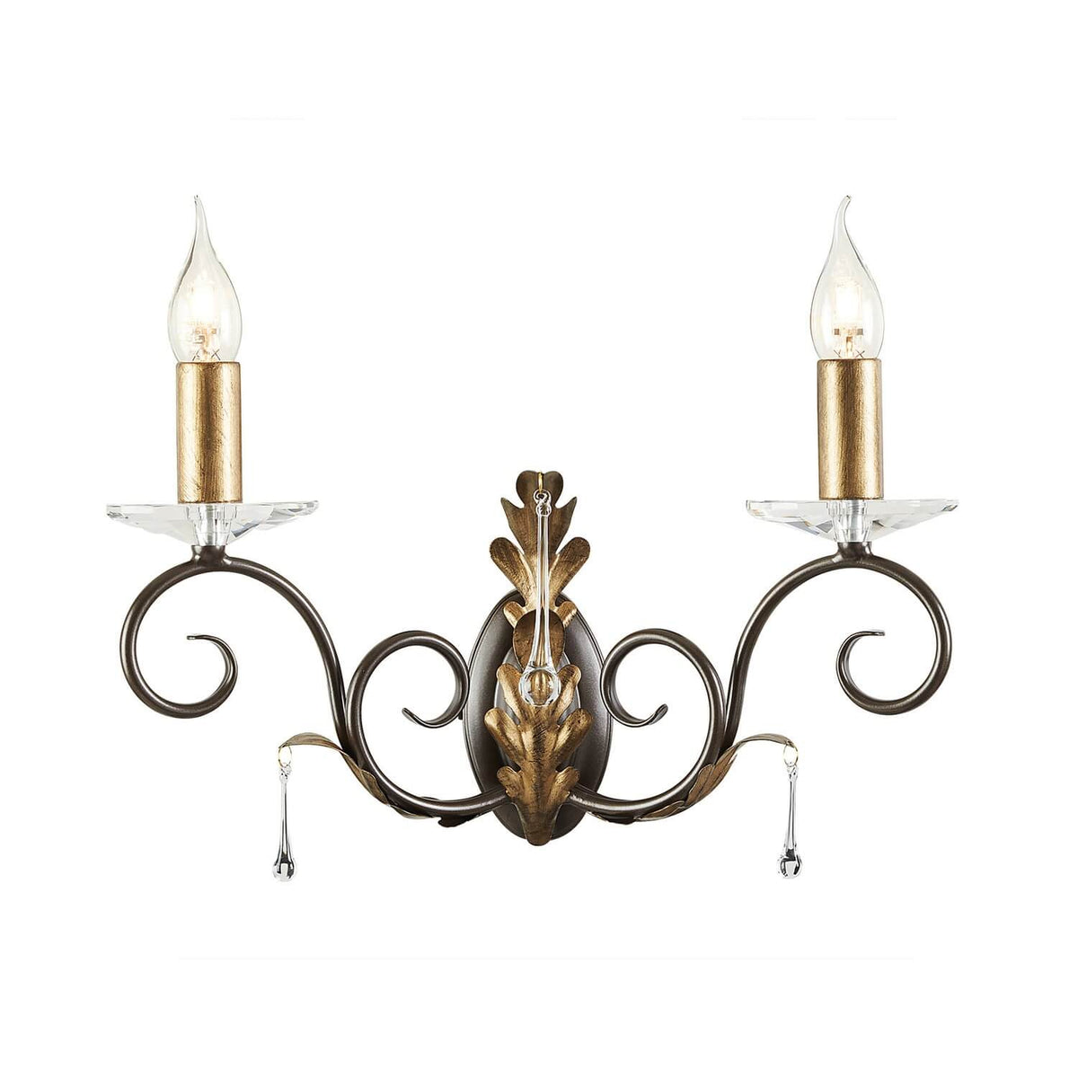Applique murale deux lumières en métal bronze et doré, vue de face sur fond blanc.