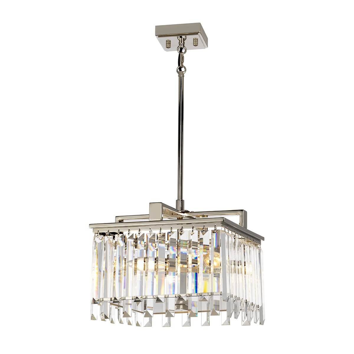 Lustre suspendu de face avec tige centrale et cadre carré argenté