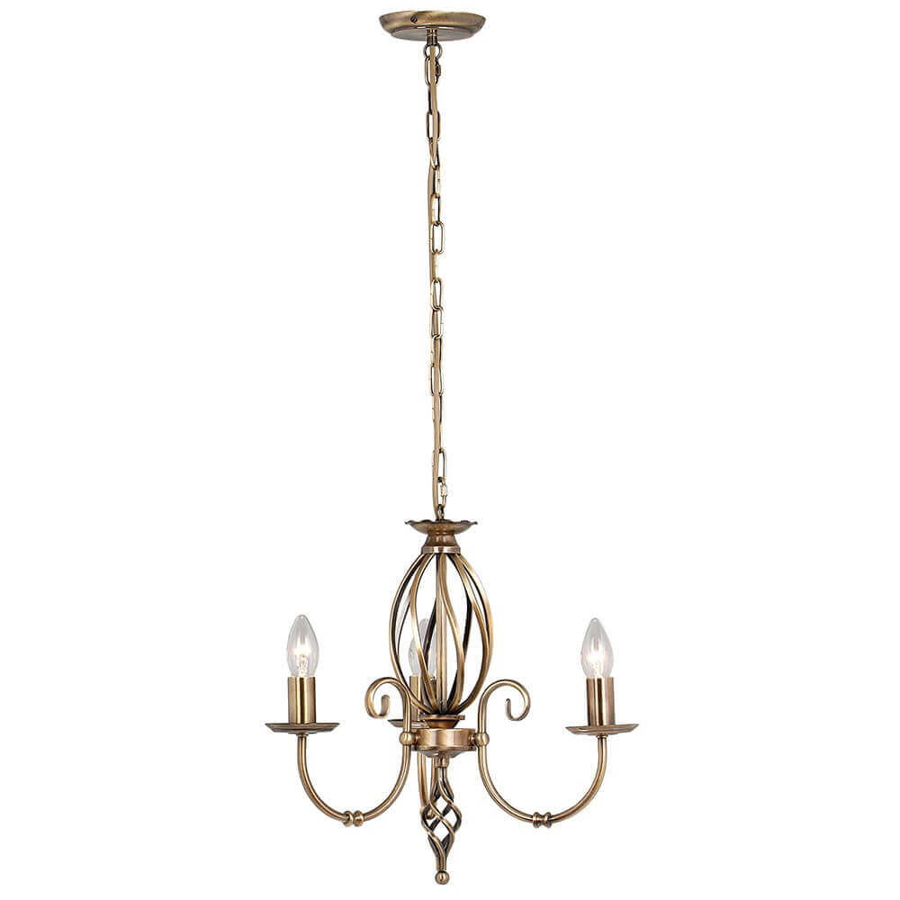 Lustre trois lumières en laiton vieilli suspendu par chaîne, vue de face