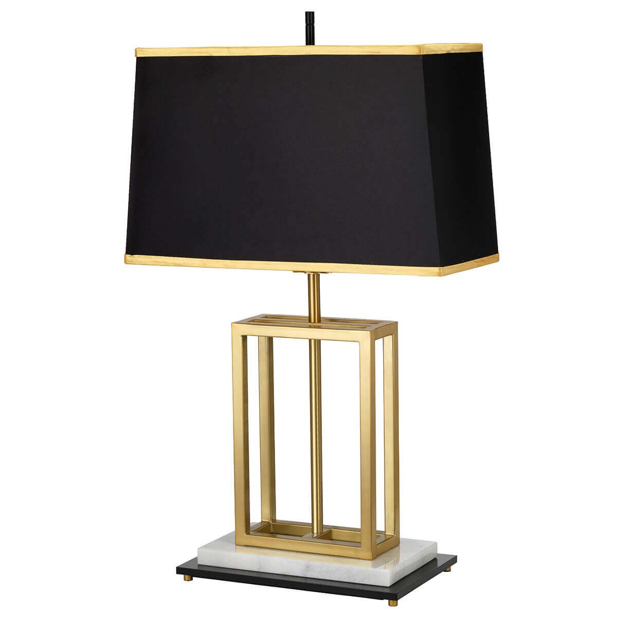 Seconde vue du produit montrant le cadre rectangulaire doré, l’abat-jour noir et le socle.