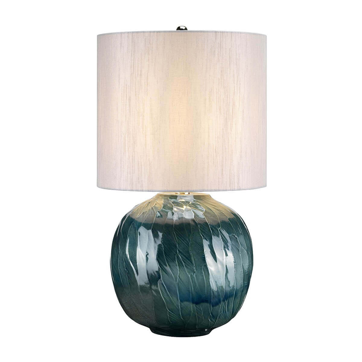 Lampe à poser de face avec abat-jour cylindrique beige et socle boule bleu