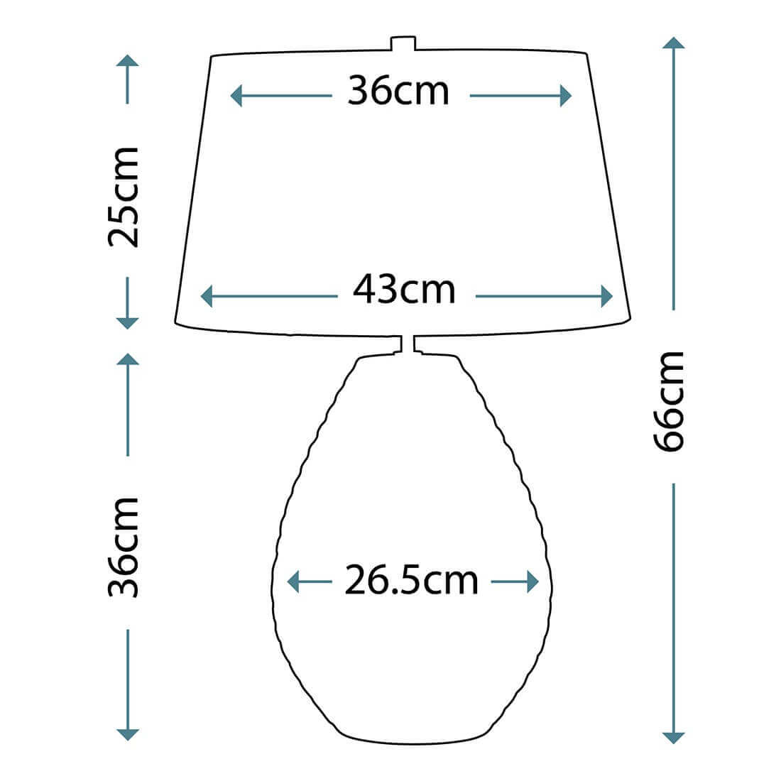 Schéma coté du luminaire avec hauteur totale et dimensions de l'abat-jour et du socle.