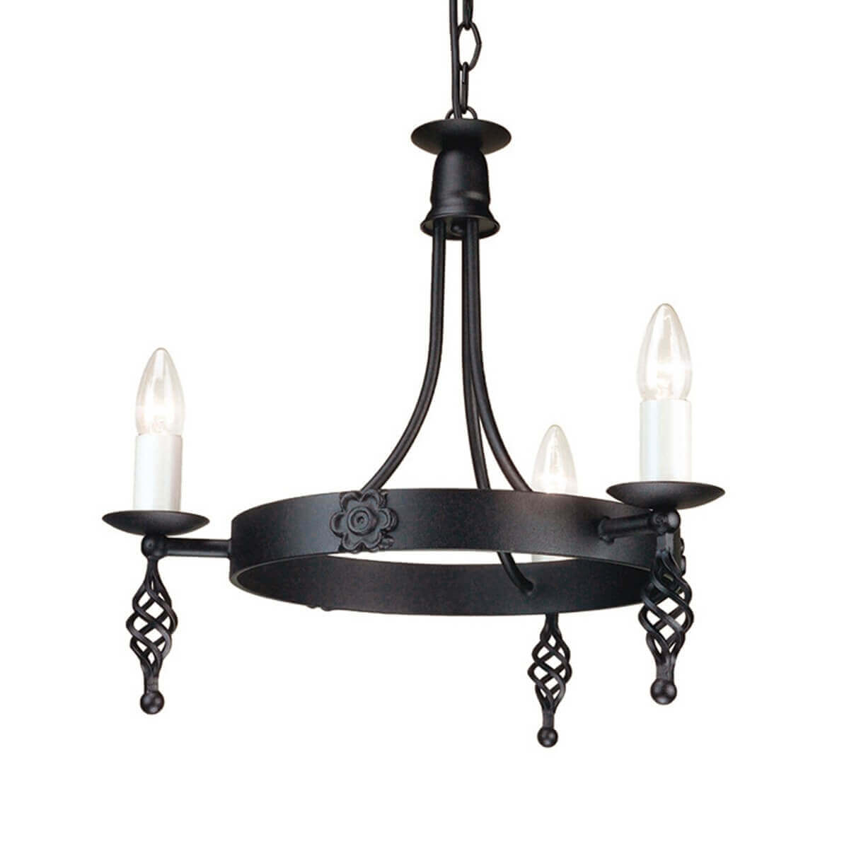 Lustre noir suspendu avec trois bougies et cercle en métal forgé.
