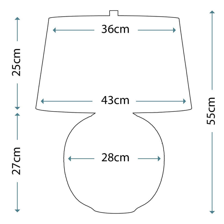 Schéma coté du luminaire indiquant 55 cm de hauteur et 43 cm de largeur