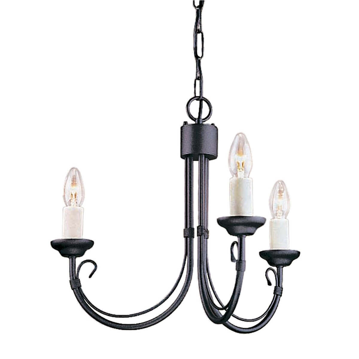 Lustre noir à trois lumières vu de face sur fond blanc neutre
