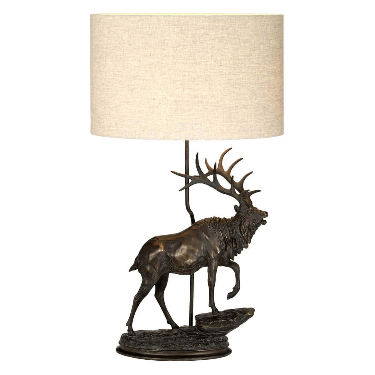Lampe à poser avec cerf en bronze et abat-jour en lin clair