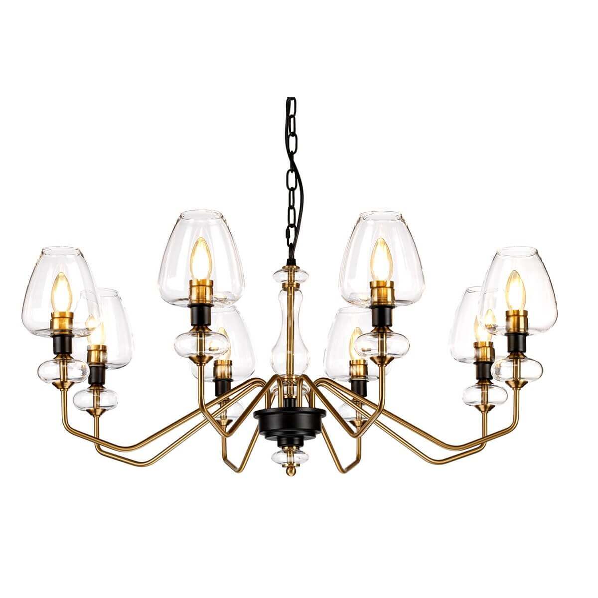 Lustre complet de face avec huit lumières, bras en laiton vieilli et suspensions en verre clair.