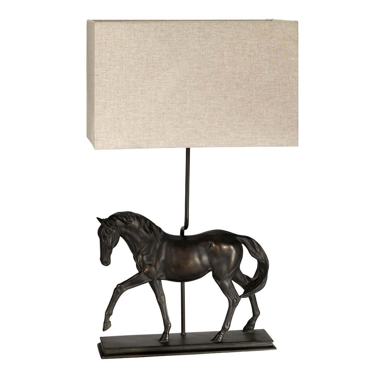 Présentation du luminaire de face, pied sculpté en forme de cheval et abat-jour en lin.