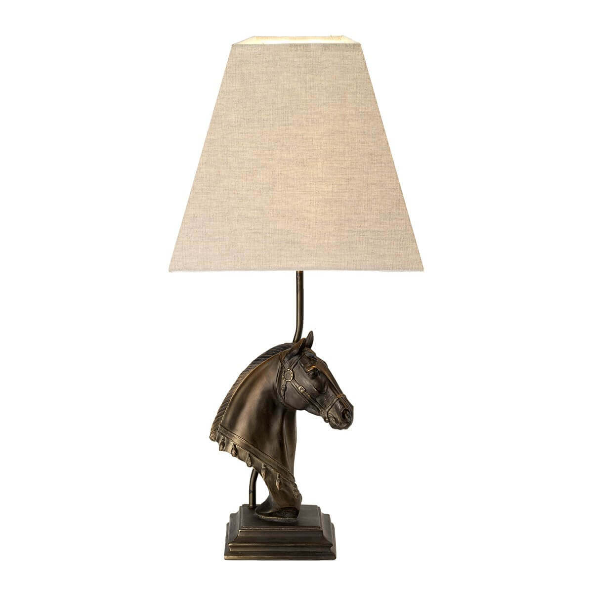 Lampe à poser de face avec abat-jour conique en tissu beige et base tête de cheval