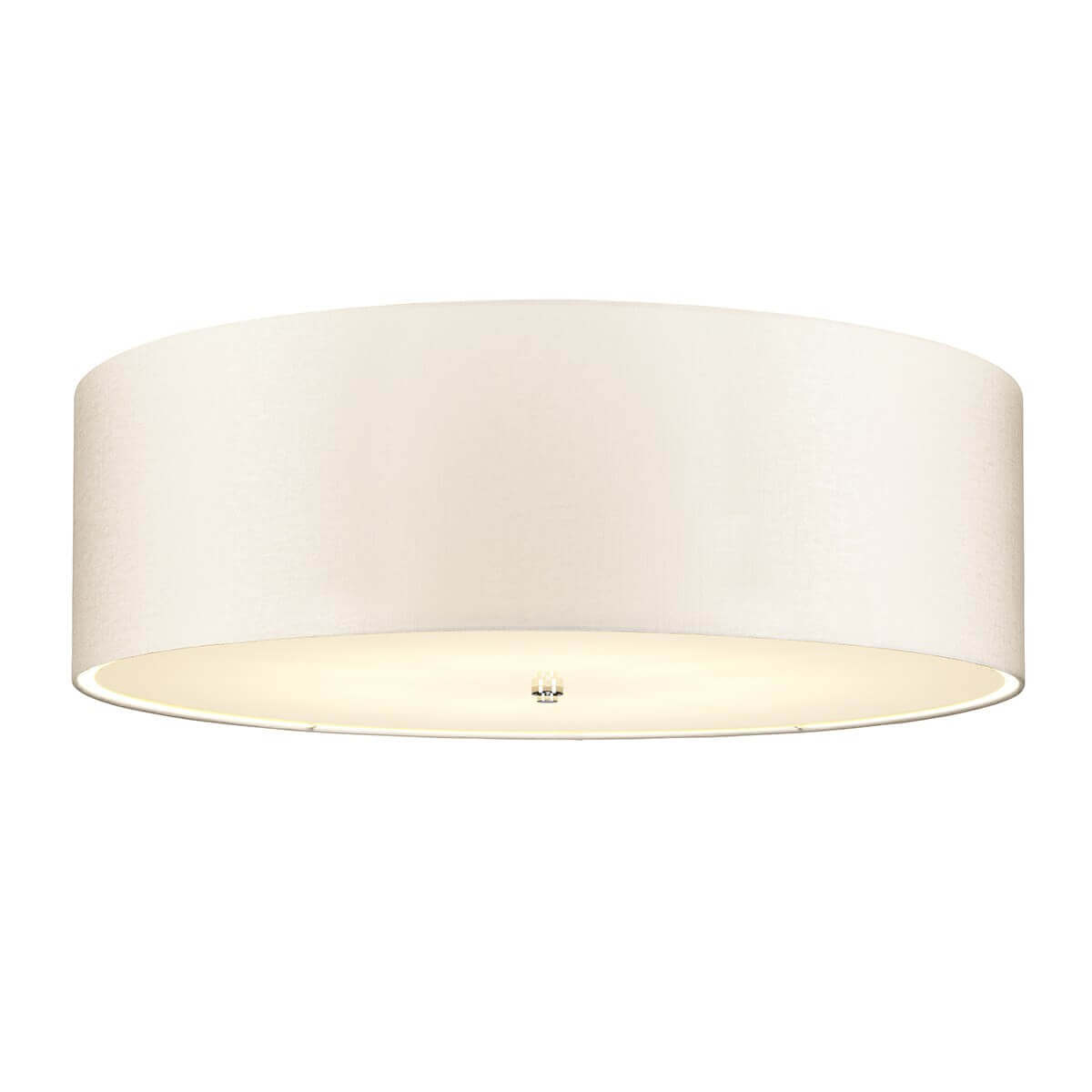 Vue de face du plafonnier rond, abat-jour cylindrique crème et diffuseur inférieur