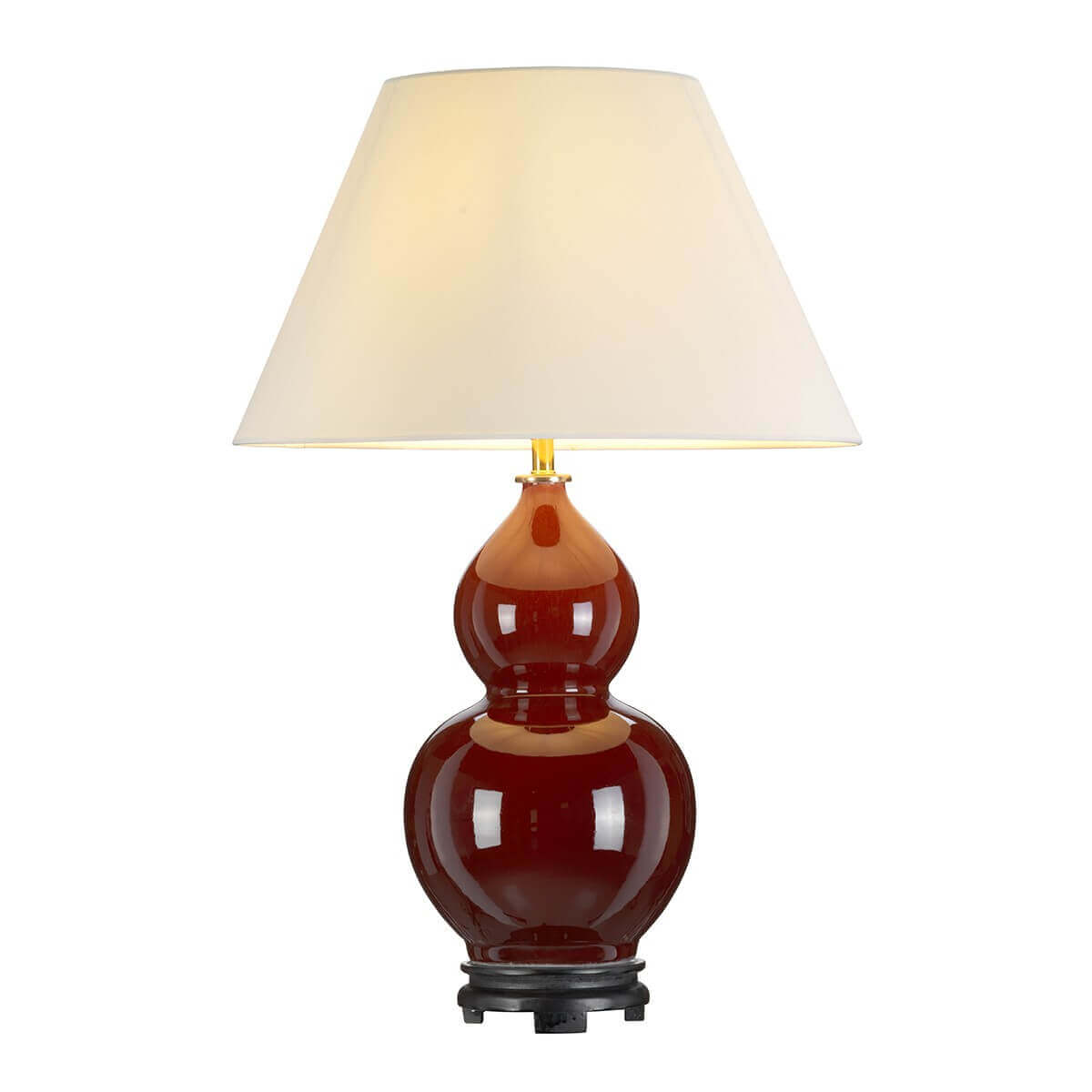 Lampe à poser de face, base céramique rouge brillante en forme de gourde