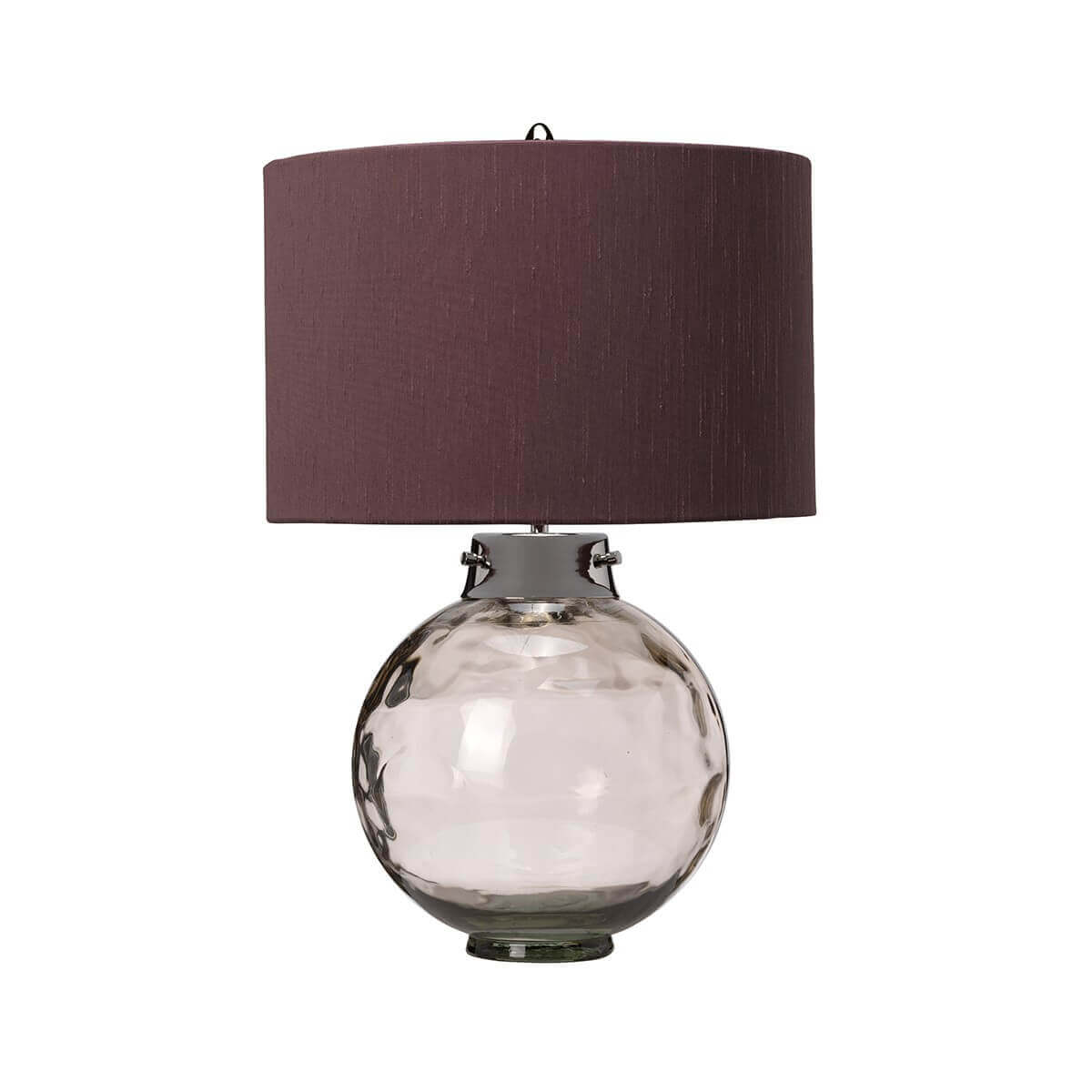 Lampe à poser vue de face, abat-jour cylindrique prune et base sphérique en verre fumé