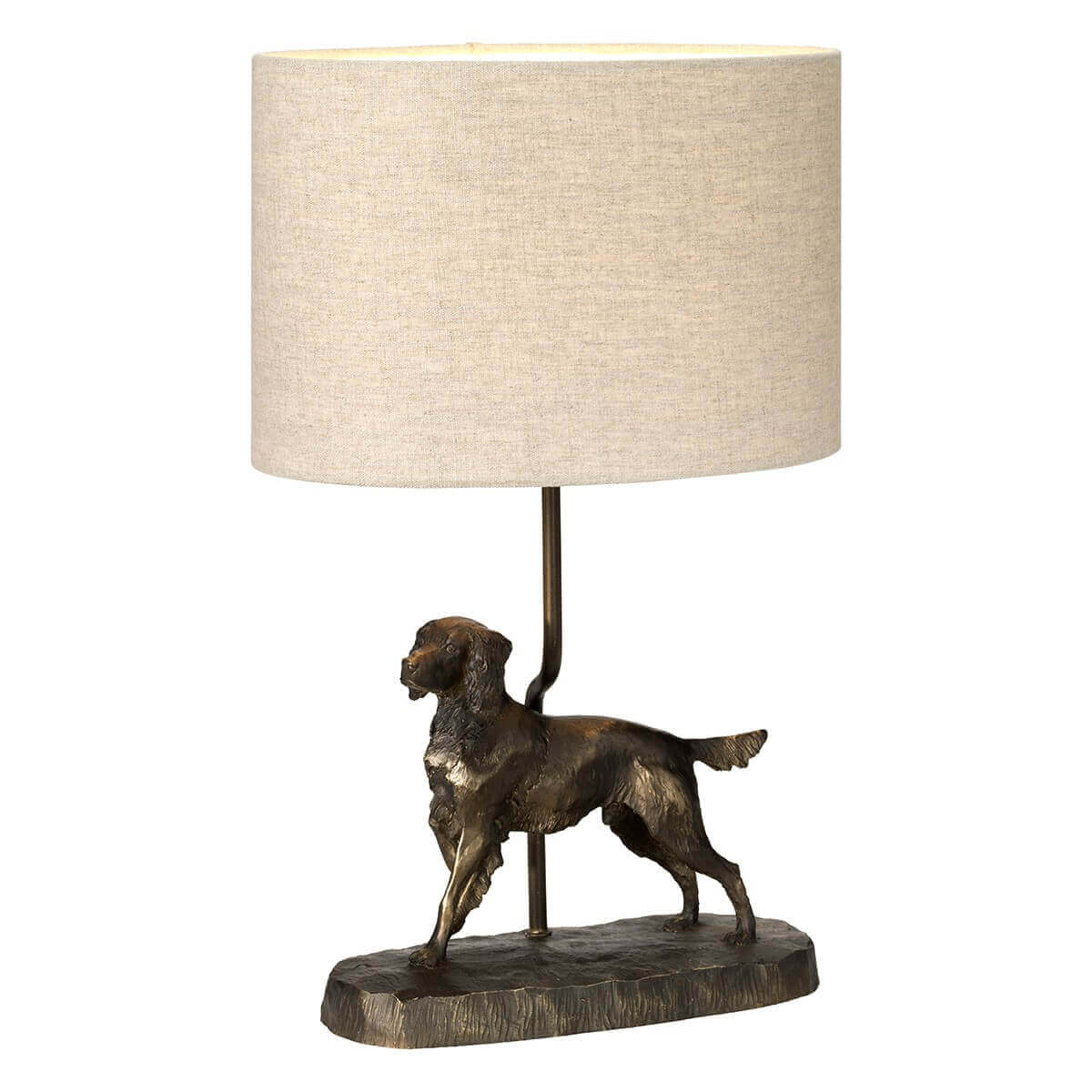 Lampe à poser de face, abat-jour cylindrique en lin beige et chien en bronze