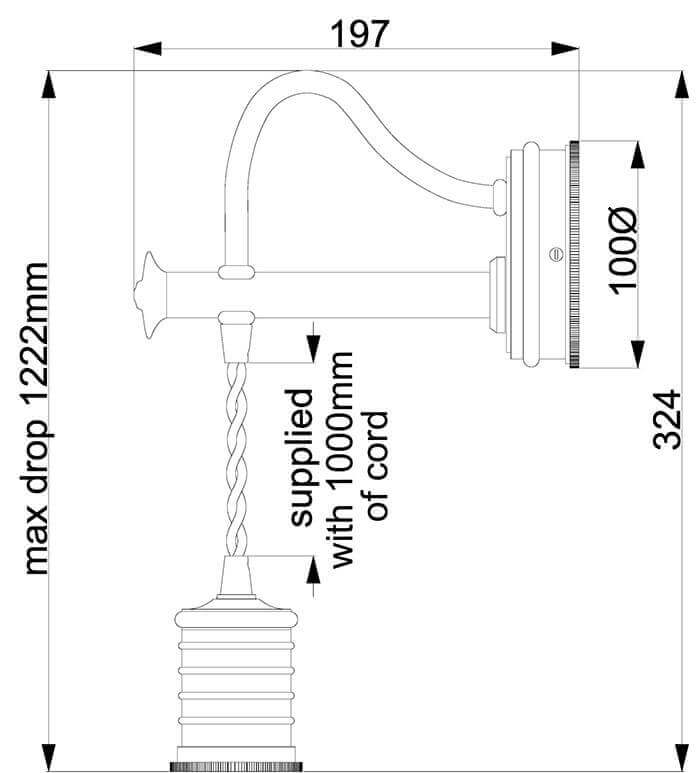 Schéma de dimensions avec hauteur maximale et cordon textile fourni de 1000 mm