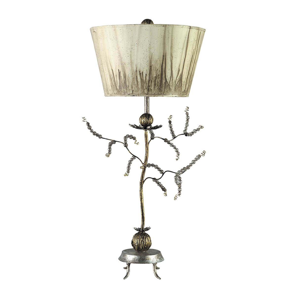 Lampe à poser dorée vue de face avec abat-jour texturé et branches perlées