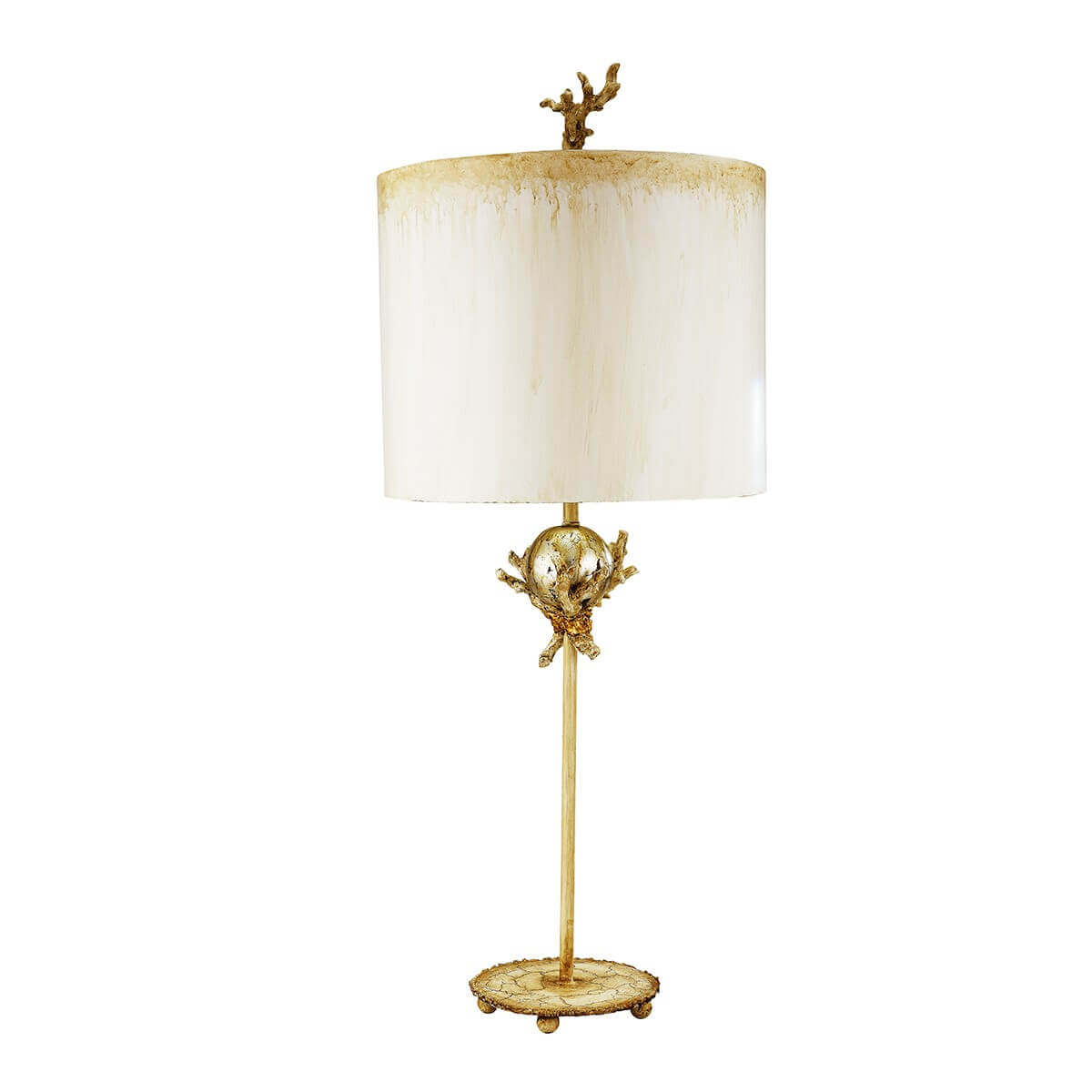 Lampe à poser vue de face, abat-jour cylindrique et socle doré à décor de branches