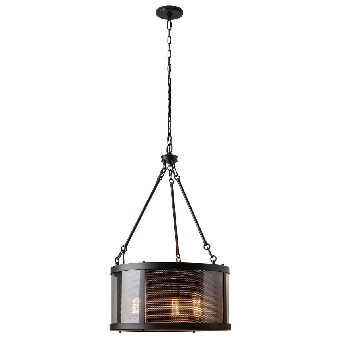 Suspension complète en métal bronze avec abat-jour cylindrique perforé et trois ampoules visibles