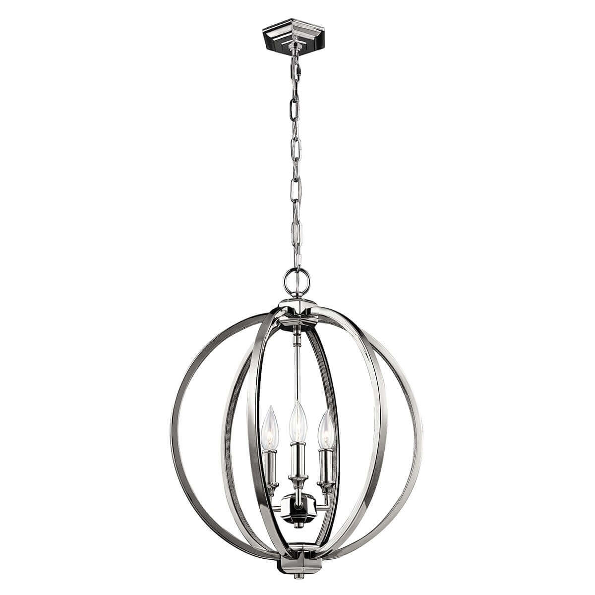 Vue de face de la suspension nickel poli avec sa cage sphérique et trois ampoules