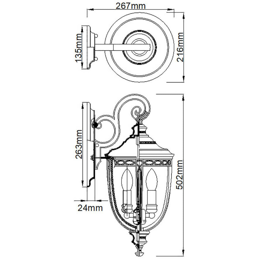 Schéma technique coté du luminaire, vues de dessus et de profil