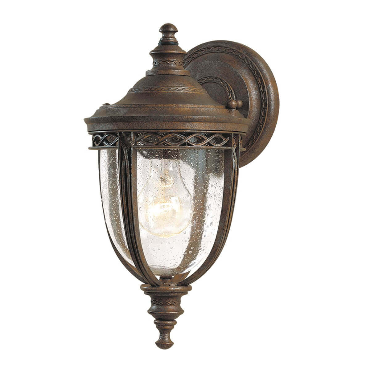 Applique murale extérieure en bronze avec verre bombé et ampoule visible.