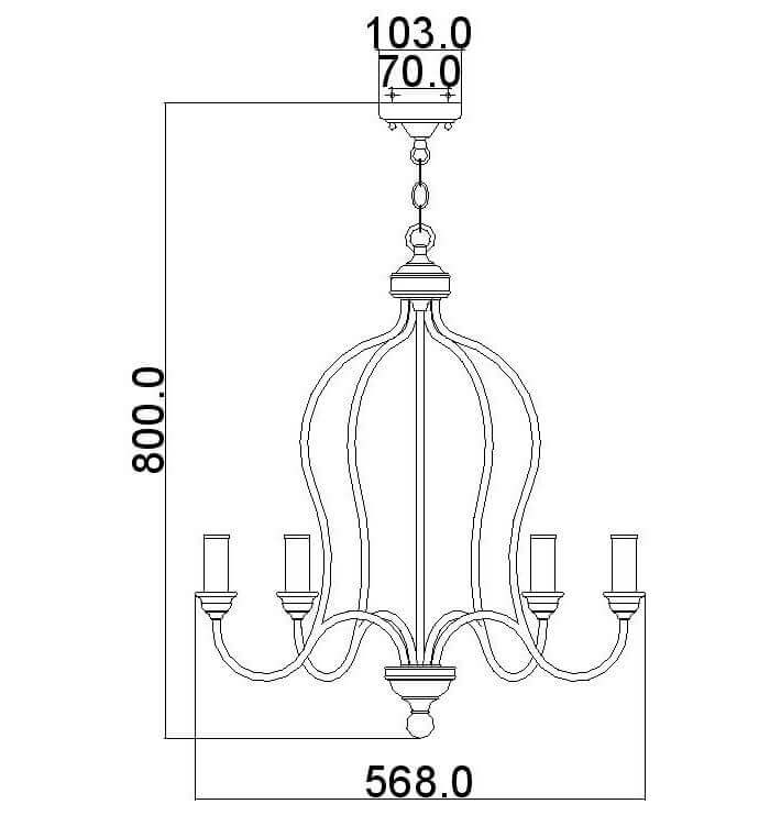 Schéma technique coté du lustre avec hauteur et largeur indiquées en millimètres.