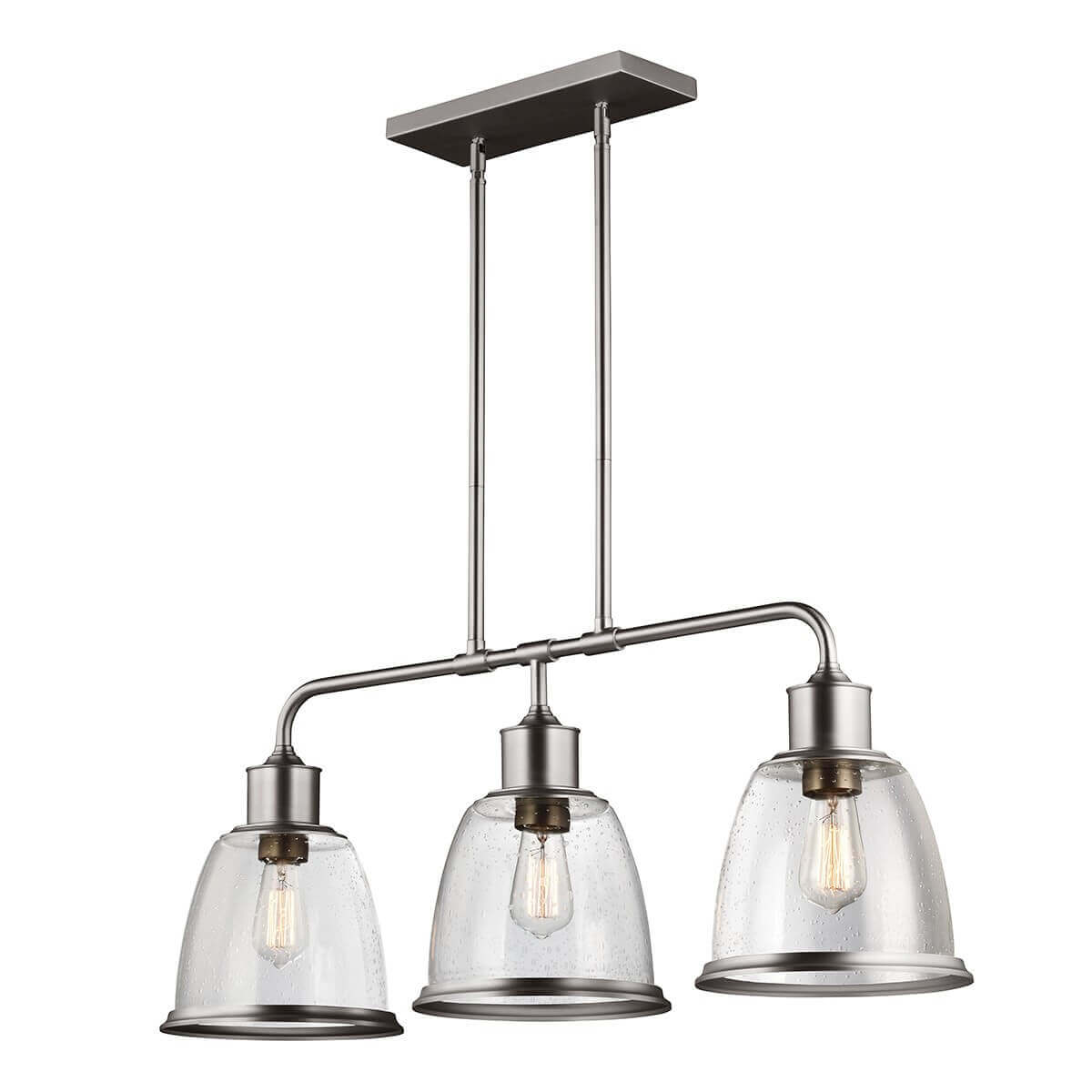 Lustre trois lumières nickel avec abat-jours en verre clair et ampoules Edison visibles.