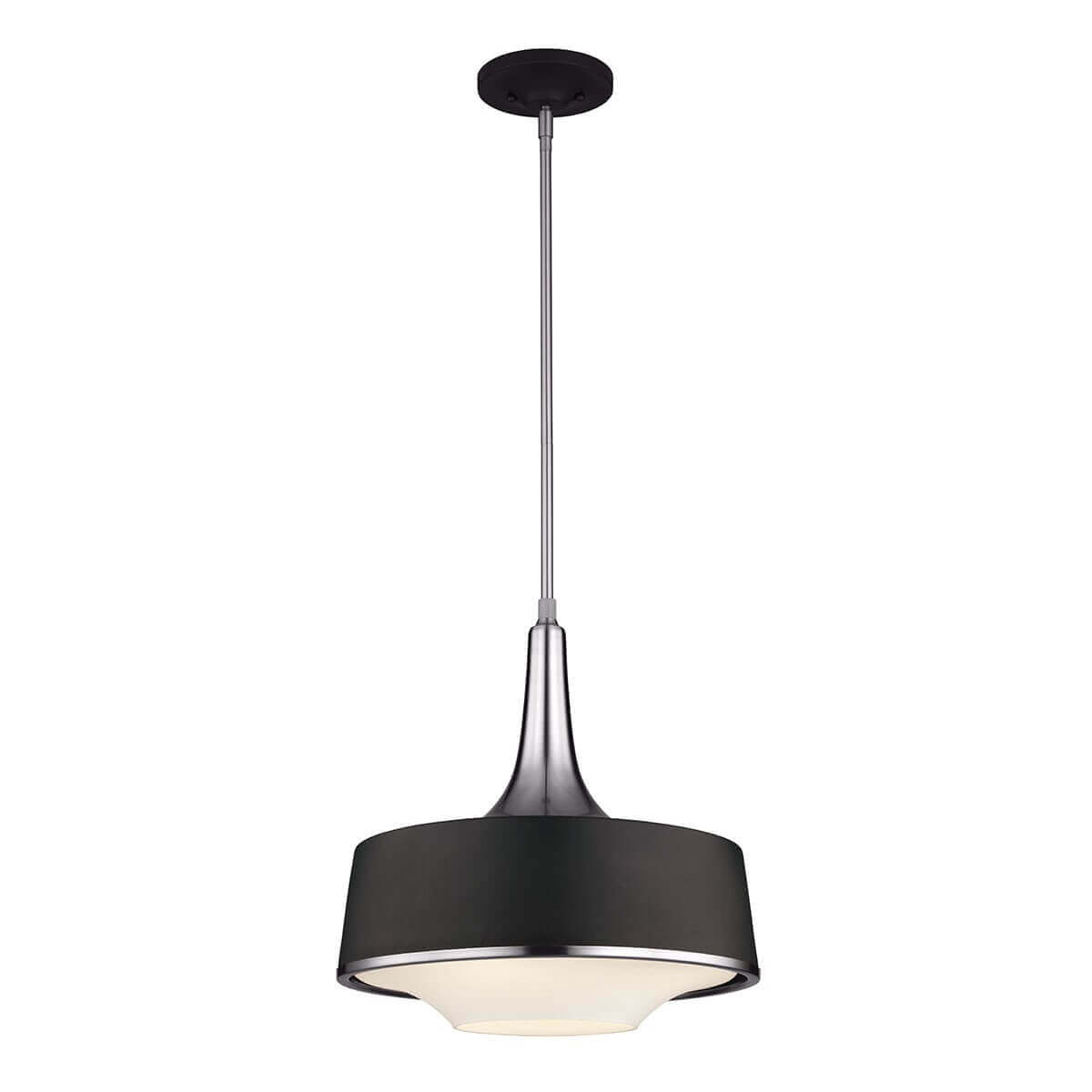 Suspension noire de face sur fond blanc avec abat-jour et diffuseur.