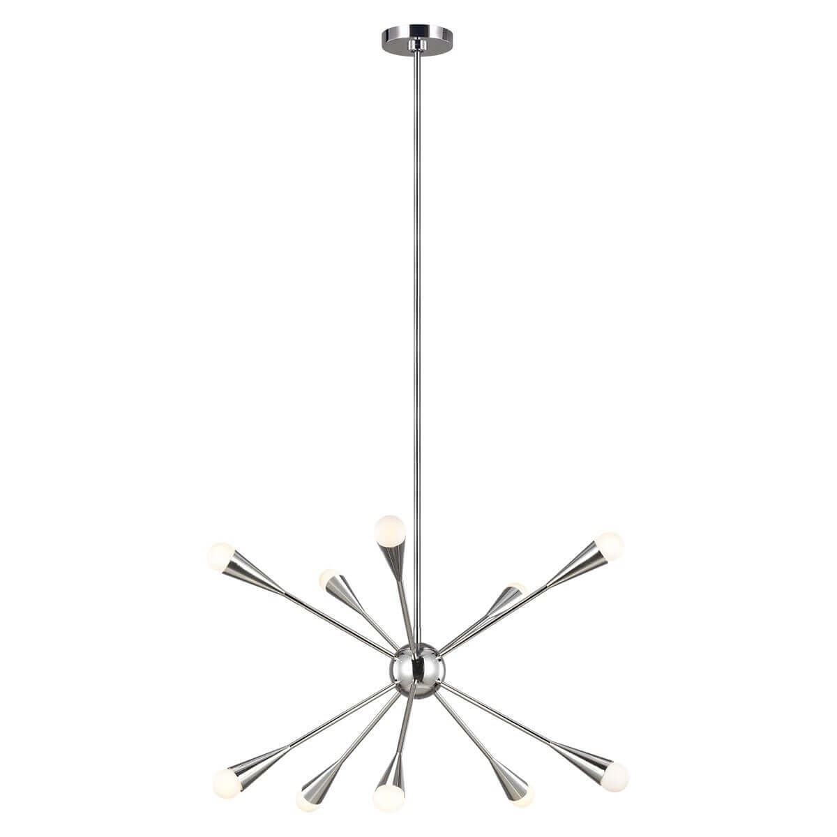 Lustre suspension nickel poli à dix bras rayonnants en forme de spoutnik, vue de face