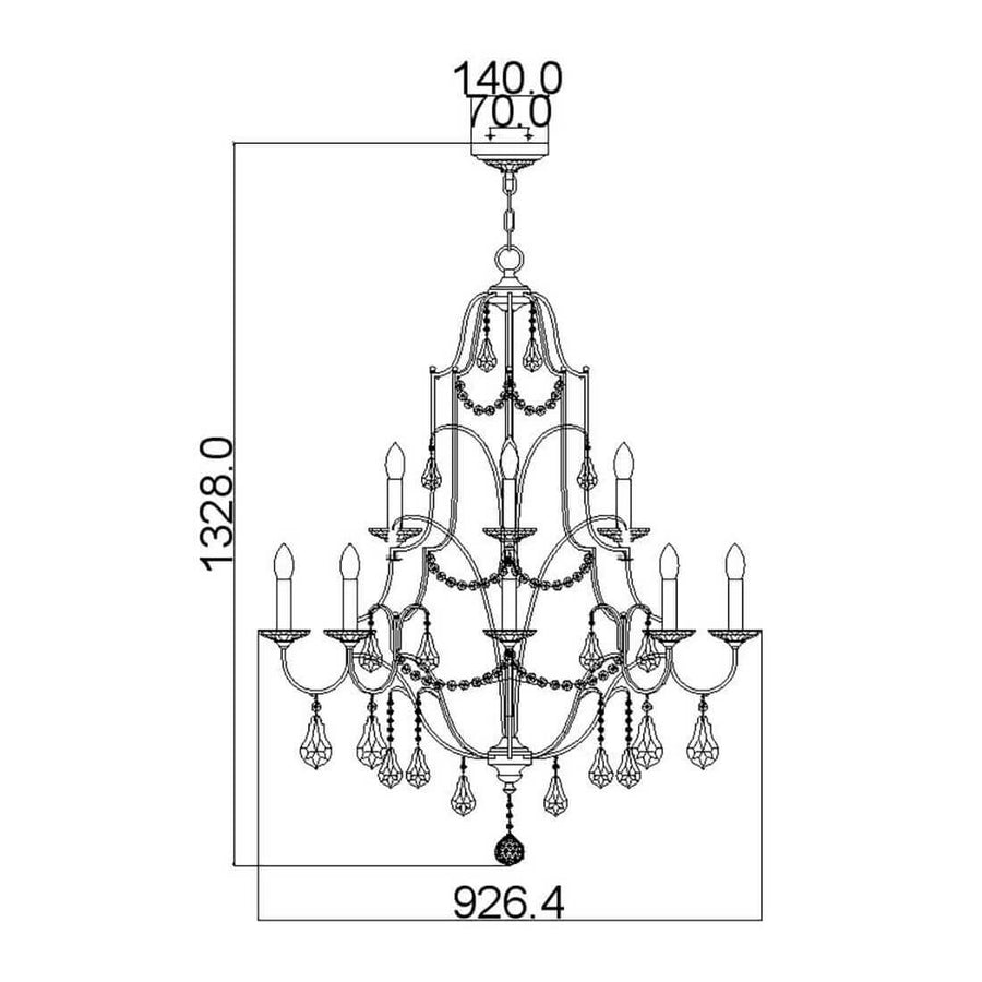 Schéma coté du lustre indiquant hauteur totale, diamètre et fixations au plafond