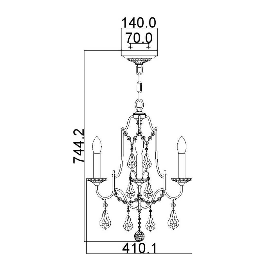 Schéma coté du lustre : hauteur totale et largeur de la structure