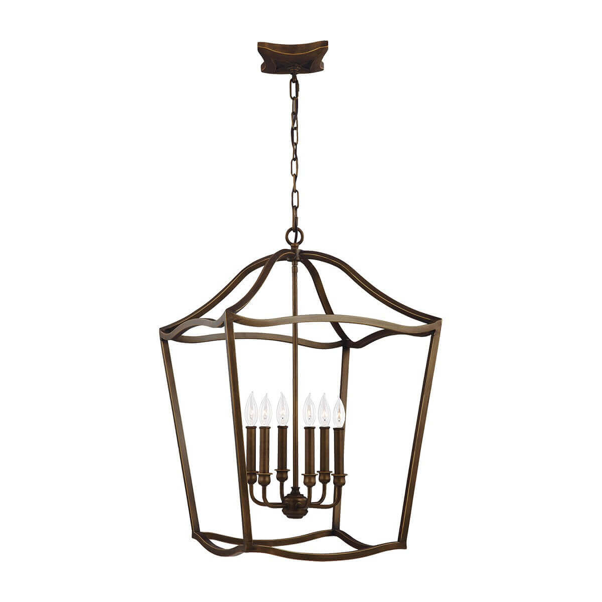 Vue de face du luminaire suspendu en cage avec six ampoules bougies sur fond blanc.